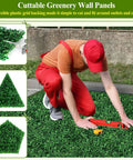 Man installing Sixteen 10 By 10 Inch Artificial Grass Wall Panels Pack Includes UV Resistant Boxwood Faux Greenery For Indoor And Outdoor Use Perfect For Privacy Fences Patio Balconies Weddings Photo Backdrops And Party Decor.