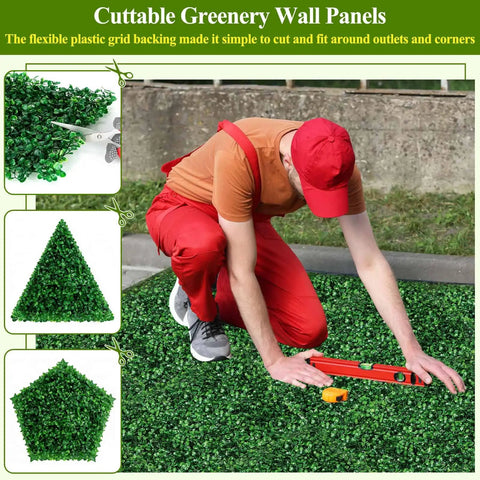 Man installing Sixteen 10 By 10 Inch Artificial Grass Wall Panels Pack Includes UV Resistant Boxwood Faux Greenery For Indoor And Outdoor Use Perfect For Privacy Fences Patio Balconies Weddings Photo Backdrops And Party Decor.