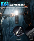 Ultra Slim EDC Flashlight Rechargeable With 8 Modes Magnetic Base And Clip attached to rain jacket, showing IPX4 waterproof feature.