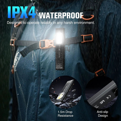 Ultra Slim EDC Flashlight Rechargeable With 8 Modes Magnetic Base And Clip attached to rain jacket, showing IPX4 waterproof feature.