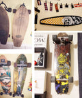 Heavy Duty Skateboard Wall Rack That Holds Four Boards for Home or Garage with displayed skateboards and art.