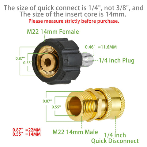 Front view of FIXFANS pressure washer adapter set, 2-pack, M22 14mm female to 1/4 inch quick-connect brass and black plastic fittings
