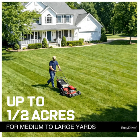 21 Inch Self Propelled Gas Lawn Mower With 170cc OHV Engine Rear Wheel Drive For Slopes 3 In 1 Bag Mulch Discharge 6 Cutting Heights And Durable Steel Deck Workhorse mowing a large sloped yard