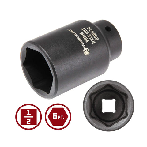 Half Inch Drive 36mm 6 Point Extra Deep Axle Nut Socket Heavy Duty Tool with 1/2-inch drive and 6-point design, Cr-Mo steel.