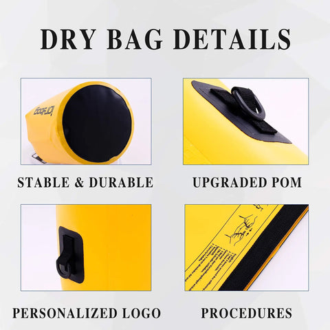 Details of Totally Waterproof Dry Bag For Kayaking And Boating with focus on stability, POM, personalized logo and procedures.
