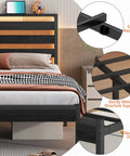 14 Inch Full Size Metal Platform Bed Frame Featuring A Tall Headboard, Rock Solid Steel Slat Support, Built In Led Lighting And Dual Usb Ports, Spacious Under Bed Storage, Zero Box Spring Drama, Smooth Noise Free Sleep, And Easy Peasy Setup with detailed images of easy assembly, sturdy support, and non-slip design.