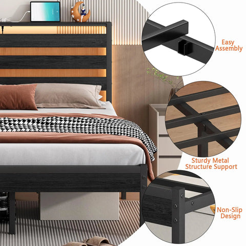 14 Inch Full Size Metal Platform Bed Frame Featuring A Tall Headboard, Rock Solid Steel Slat Support, Built In Led Lighting And Dual Usb Ports, Spacious Under Bed Storage, Zero Box Spring Drama, Smooth Noise Free Sleep, And Easy Peasy Setup with detailed images of easy assembly, sturdy support, and non-slip design.