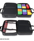 Open XL MTG Bag For Magic The Gathering And Other TCG Accessories With Adjustable Interior Dividers showing colorful boxes.