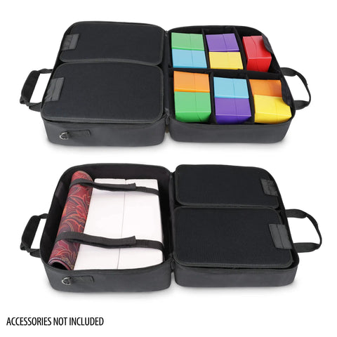 Open XL MTG Bag For Magic The Gathering And Other TCG Accessories With Adjustable Interior Dividers showing colorful boxes.