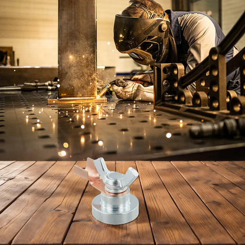 Heavy Duty Magnetic Welding Ground Clamp With Strong Iron Grip For Poles Tables Curved Surfaces Quick Setup Earth Clip Base Tool Perfect for Hotrod Jobs And Smooth Metal Work Silver on wooden surface.