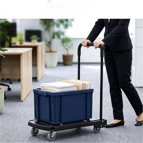 Heavy Duty Folding Hand Truck Featuring Four Sturdy Casters And Rock Solid Aluminum Handles For Zero Hassle Moving Up To 330 Pounds Without A Sweat On Any Project, transporting files in office.