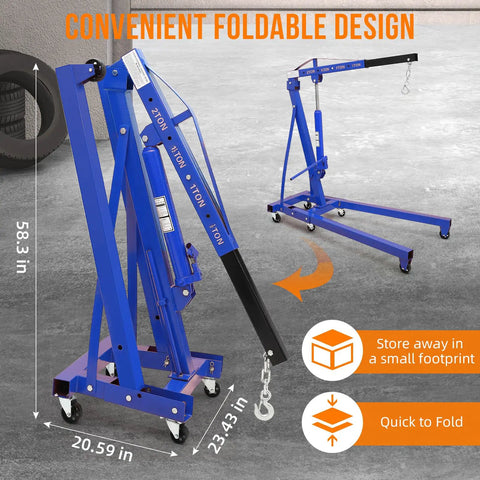 2 Ton Hydraulic Engine Hoist Cherry Picker 4000 Lbs Load Capacity blue foldable design shown with dimensions in mechanic shop.