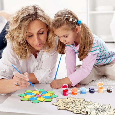 Adult and child painting Lotus Flower Wind Chime Craft Kit For Kids 24 Piece Color Your Own Mandala Windchime DIY set.