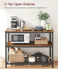 Industrial Kitchen Island Featuring Three Tier Storage And Generous Worktop, Rock Solid Steel Frame Built For Real Life Messes, Rustic Brown And Black Finish, Zero Sweat Quick Setup For Any Space with kitchen appliances and pots.