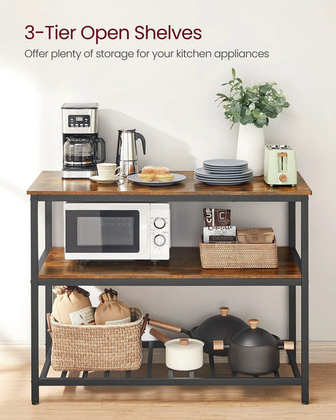 Industrial Kitchen Island Featuring Three Tier Storage And Generous Worktop, Rock Solid Steel Frame Built For Real Life Messes, Rustic Brown And Black Finish, Zero Sweat Quick Setup For Any Space with kitchen appliances and pots.