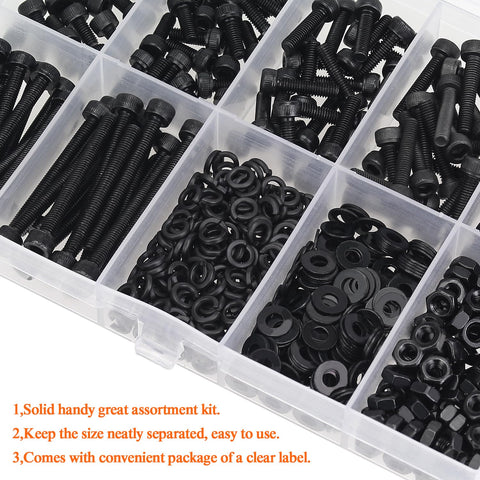 540 Piece M3 Hex Socket Head Cap Screws Kit With Nuts Washers In Black 6mm to 30mm in transparent box