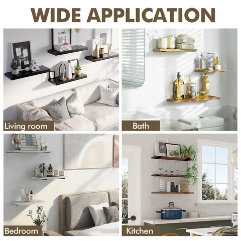 Wide application of Heavy Duty 10 Inch Floating Shelf Brackets Set Of 6 in living room, bath, bedroom, and kitchen settings.