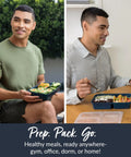 Man holding 20 Piece Meal Prep Containers Set With Lids Three Compartment Reusable PFAS Free And BPA Free Materials Durable Microwave Safe Freezer Safe On The Go Navy Blue