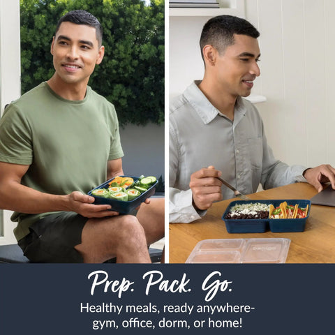 Man holding 20 Piece Meal Prep Containers Set With Lids Three Compartment Reusable PFAS Free And BPA Free Materials Durable Microwave Safe Freezer Safe On The Go Navy Blue