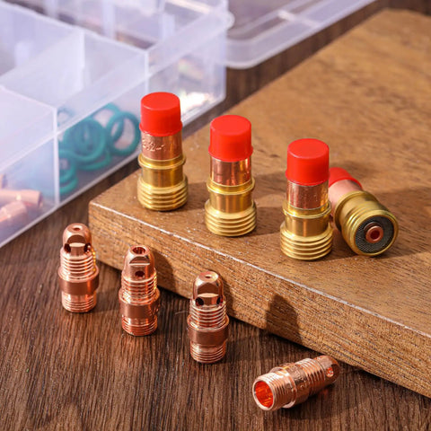 53 Piece TIG Welding Torch Consumables Kit with collets and accessories on wooden table, WP-17/18/26 welders