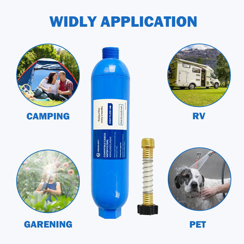 Two Pack RV Inline Water Filter System With Flexible Hose Protectors ideal for camping, RV, gardening, and pet use