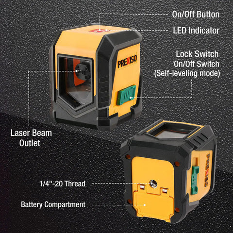 Detailed view of Green Beam Laser Level With Tripod, Self Leveling 65 Ft Cross Line Tool, showing controls and battery compartment.