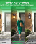 Three images showing Two Pack Motion Sensor Wall Lights Dusk To Dawn Outdoor Wall Mount Oil Rubbed Bronze Front Porch Light LED on a brick wall in different lighting states.