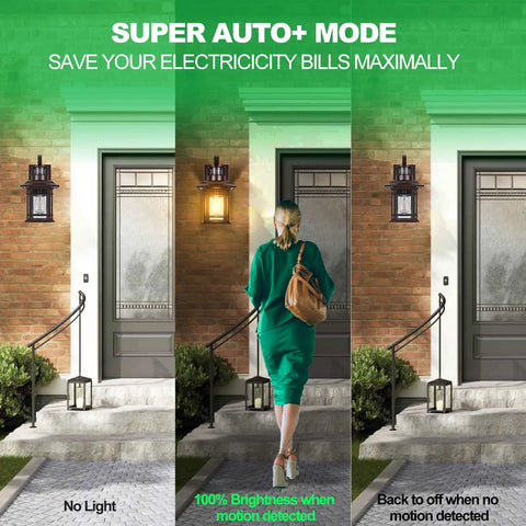Three images showing Two Pack Motion Sensor Wall Lights Dusk To Dawn Outdoor Wall Mount Oil Rubbed Bronze Front Porch Light LED on a brick wall in different lighting states.