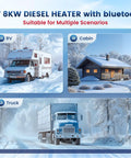 8Kw Diesel Air Parking Heater For Rv Garage Van Truck With Smart App Control, shown in RV, cabin, and truck in snow.