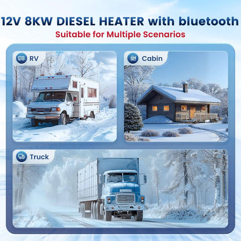 8Kw Diesel Air Parking Heater For Rv Garage Van Truck With Smart App Control, shown in RV, cabin, and truck in snow.