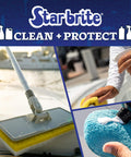 Starbrite products cleaning and protecting various surfaces on a boat, including a brush on a pole, a yellow cloth, and a blue sponge.