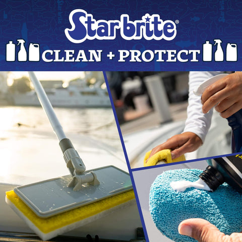 Starbrite products cleaning and protecting various surfaces on a boat, including a brush on a pole, a yellow cloth, and a blue sponge.