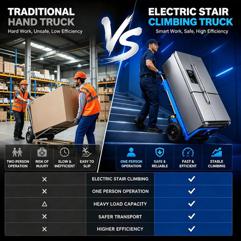 Comparison image of Heavy Duty Electric Stair Climbing Hand Truck With 880 Lb Capacity And Powerful Motor versus traditional hand truck.
