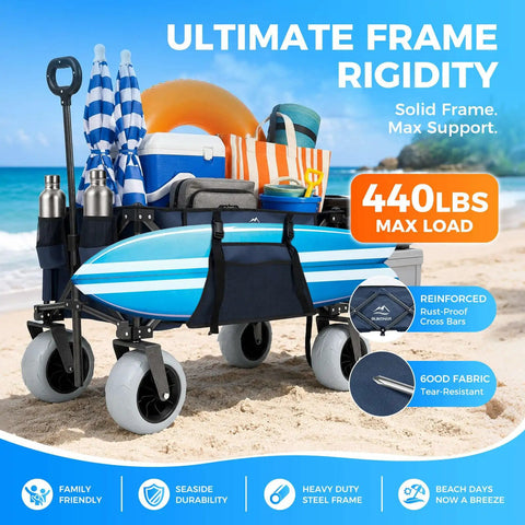 Rugged Beach Ready Wagon With 9 Inch Sand Proof Wheels Extended Open Back Tailgate 440 Lb Capacity Folding Wagon Cart