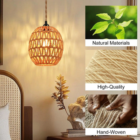 Homebody Essential Plug In Pendant Light Featuring Hand Woven Rattan And Wicker Egg Shade With 15 Ft Cord illuminating a cozy living room.