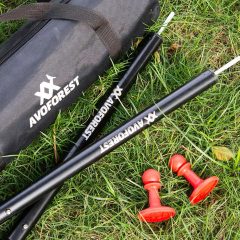 Beefy Heavy Duty Tent Poles for Tarp 90 Inch Set Thick 25mm Diameter 0.98 Inch Poles with carrying bag and stakes on grass