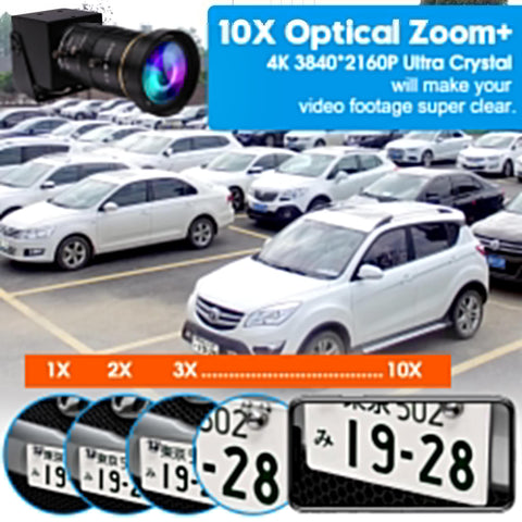 4K HDMI USB Webcam With 10X Manual Zoom Dual Output for PC and TV showing parked cars with zoomed license plates for live streaming security use