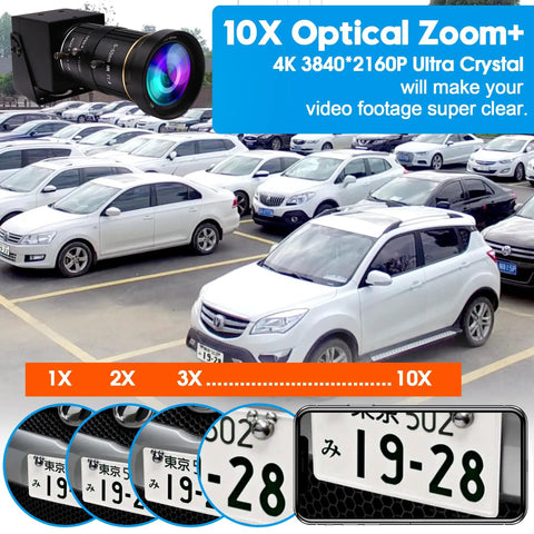 Ultra Clear 4K USB HDMI Camera With Manual Zoom And Variable Focus Featuring 5 To 50mm Lens Built On IMX415 Sensors Runs Buttery Smooth Makes Your Streaming Rig Look Dope For CCTV, showcasing 10X optical zoom on parked cars.
