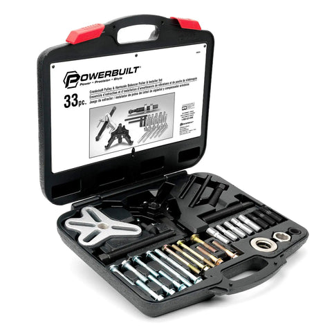 Harmonic Balancer And Pulley Installer Tool Kit 33 Piece Set With Two And Three Jaw Gear Pulls in open storage case for V8 V6 engines
