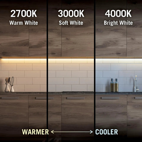 Warm, soft, and bright white LED lighting comparison under cabinets with RibbonFlex Home AC Dimmable Bright White LED Tape Light Kit 4000K.