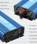 Blue 2000 Watt Pure Sine Wave Power Inverter with dual AC outlets, USB port, LCD display, and remote control connections.
