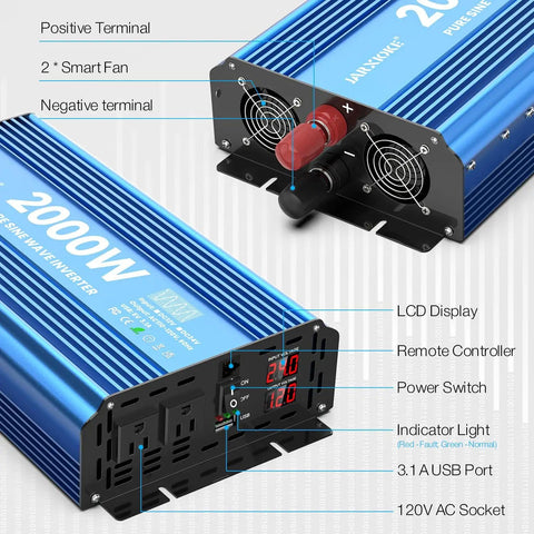 Blue 2000 Watt Pure Sine Wave Power Inverter with dual AC outlets, USB port, LCD display, and remote control connections.