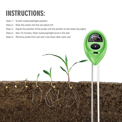 Soil Tester 3 In 1 Moisture Meter Light And pH Meter For Home Garden Farm And Lawn, shown with roots and instructions.
