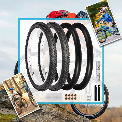 Two Pack 20 Inch Mountain Bike Tire Set With 1.95 Inch Puncture Resistant Folding Tires For Off Road Riding Fits 1.75 To 2.125 Inch Width Includes Inner Tubes And Repair Tool Kit