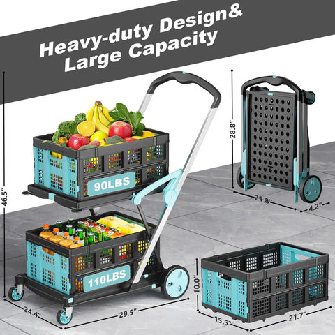 Heavy Duty Foldable Grocery Cart on Wheels, 200 Lbs Capacity with two crates filled with groceries, folded view shown