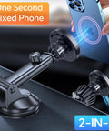 MagSafe Car Mount Charger With Ultra Magnetic Phone Holder For iPhone 12 Through 17 shows suction and vent mounts on dashboard.
