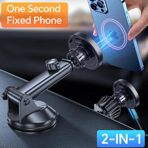 MagSafe Car Mount Charger With Ultra Magnetic Phone Holder For iPhone 12 Through 17 shows suction and vent mounts on dashboard.