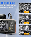 Triple Lens Borescope With 5-Inch IPS Screen 1920P HD Inspection Camera Pro Grade All-In-One Triple Lens System Three 7.9mm HD Lenses showing engine inspections at 1x 2x and 3x