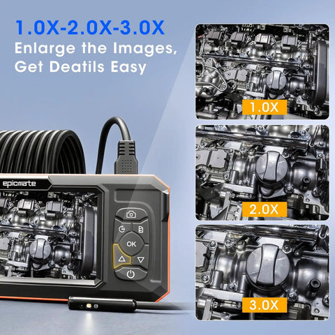 Triple Lens Borescope With 5-Inch IPS Screen 1920P HD Inspection Camera Pro Grade All-In-One Triple Lens System Three 7.9mm HD Lenses showing engine inspections at 1x 2x and 3x