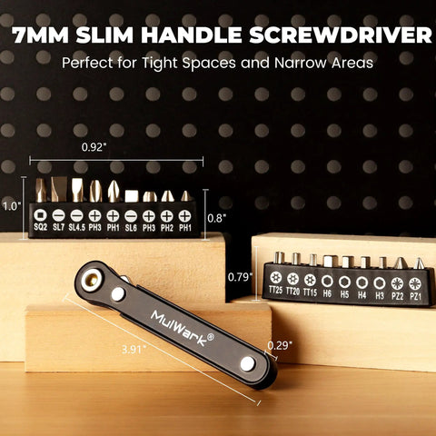 20 Piece Small Screwdriver Set With Right Angle Design And Ninety Degree Offset Handle, bits and handle on display.